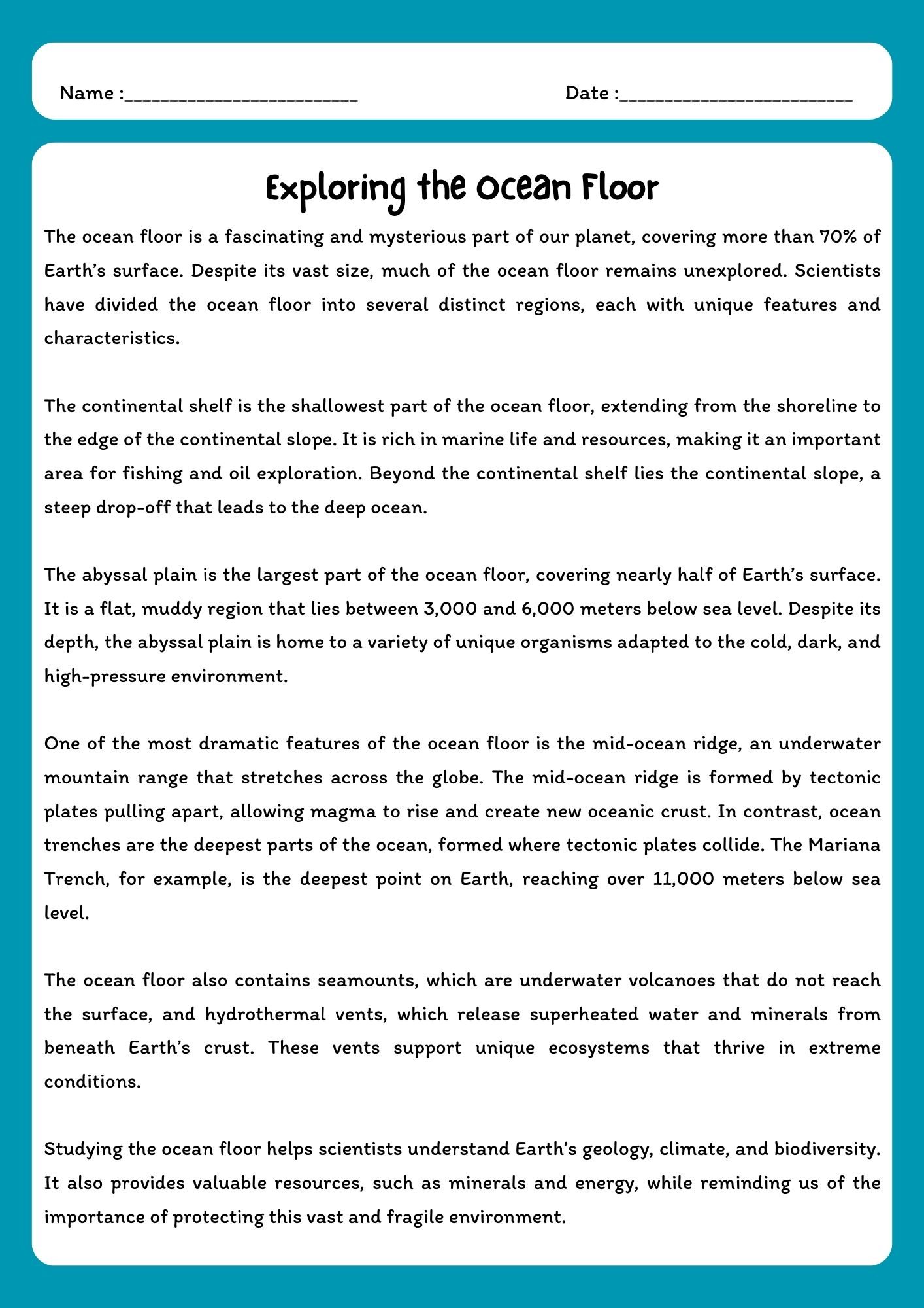 The Ocean Floor Reading Comprehension with Questions product image (1)