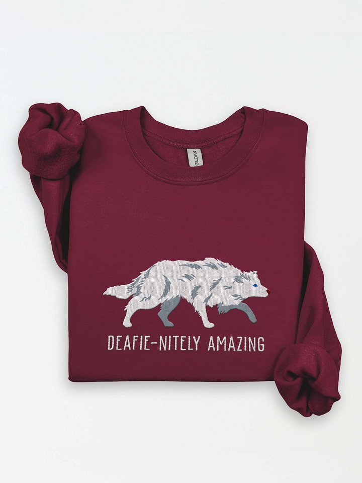 Deafie-nitely Amazing Sweatshirt (Embroidered) of a Border Collie(Double Merle/White) product image (1)
