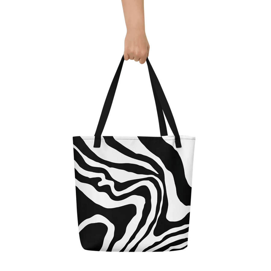 All-Over Print Large Tote Bag w/ Pocket - Black and White Wave Design product image (8)