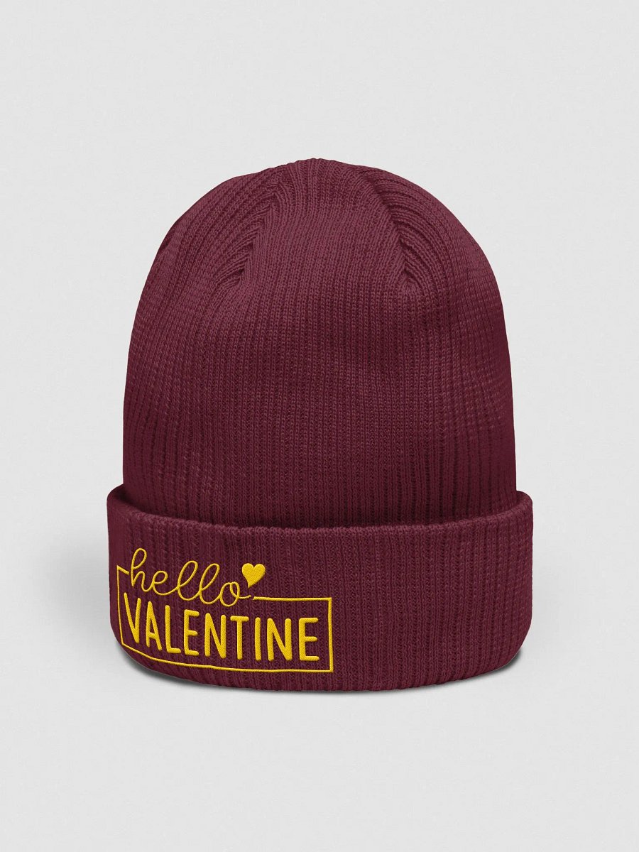 Hello Valentine Embroidered Organic Cotton Ribbed Beanie (Yellow Text) product image (2)