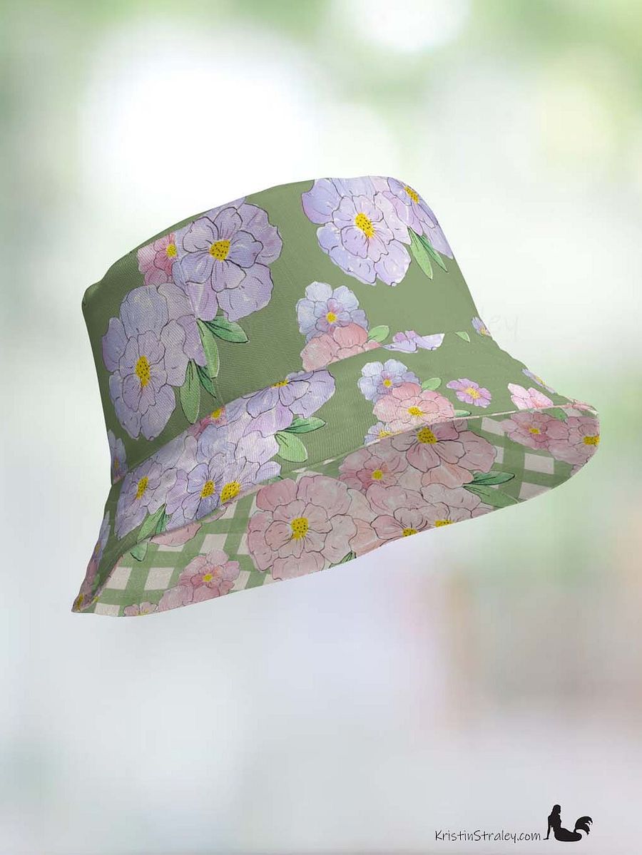 Pink Flowers on Gingham and Green Reversible Bucket Hat product image (8)
