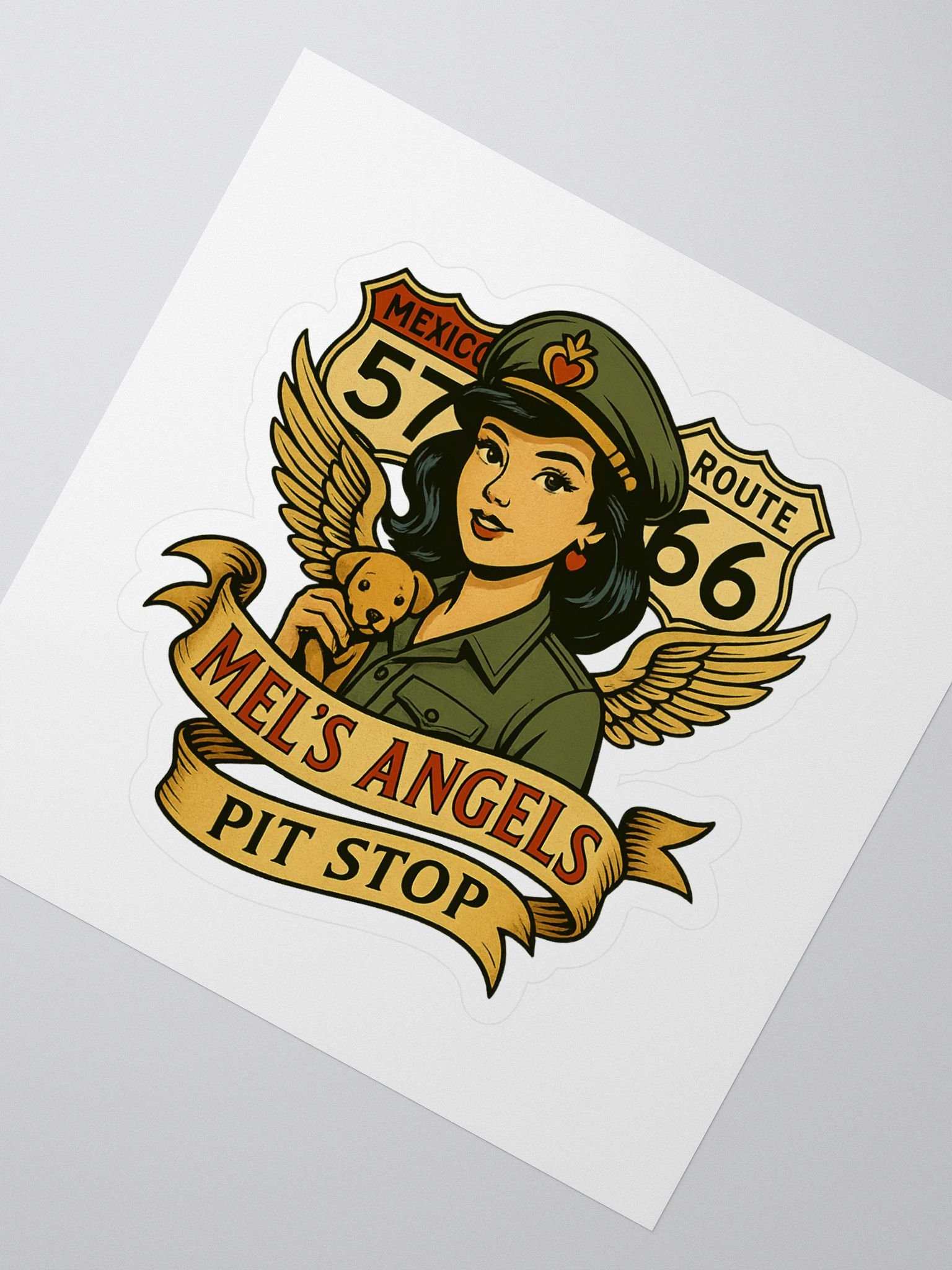 Mel’s Angels Pit Stop Kiss-Cut Sticker – Retro Biker Pin-Up with Dog & Route 66 Design product image (2)