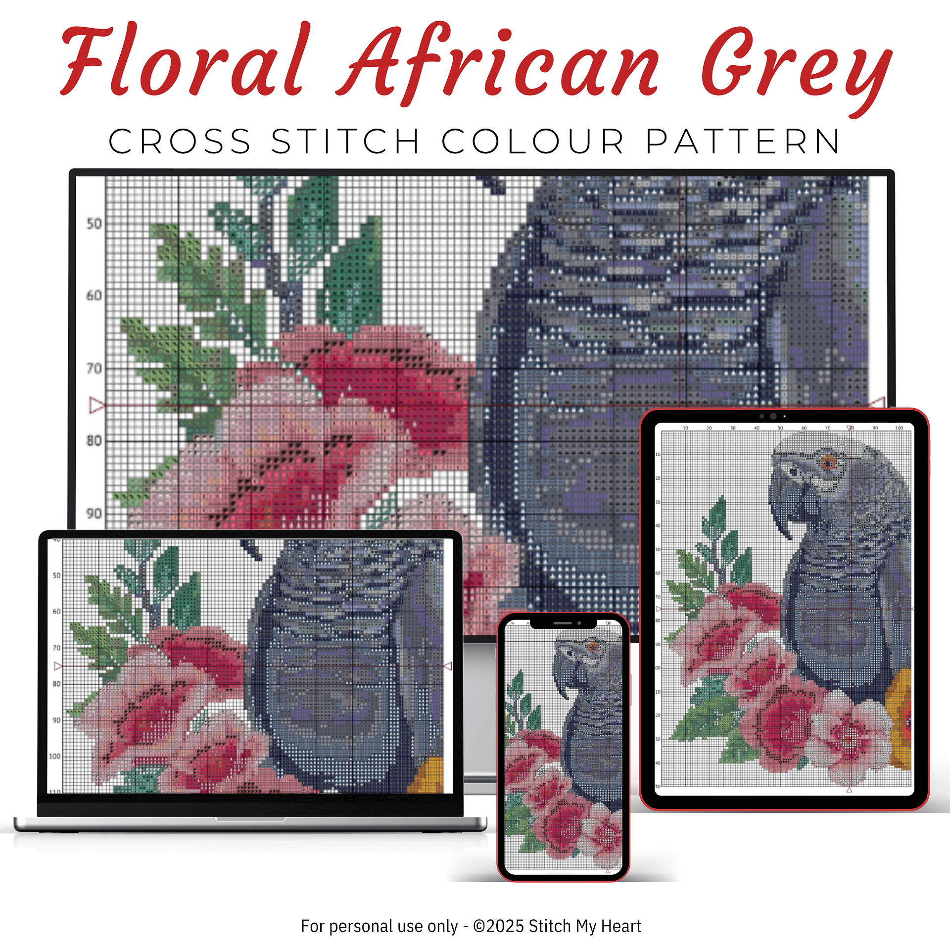 Floral African Grey Parrot Cross Stitch Pattern product image (3)