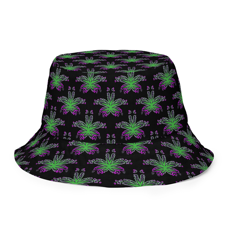Twisted Weed Leaf Pattern Bucket Hat, Summer Stoner Style Accessory, Green Purple Black Cannabis Fashion product image (2)