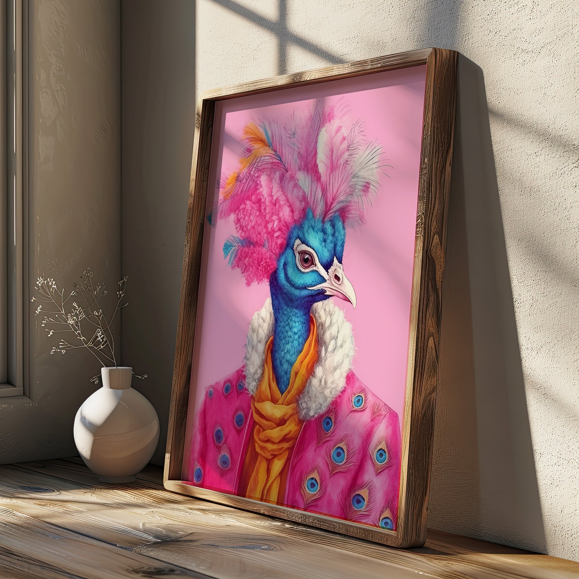 Anthropomorphic Peacock in Pink Coat Animal Portrait product image (8)