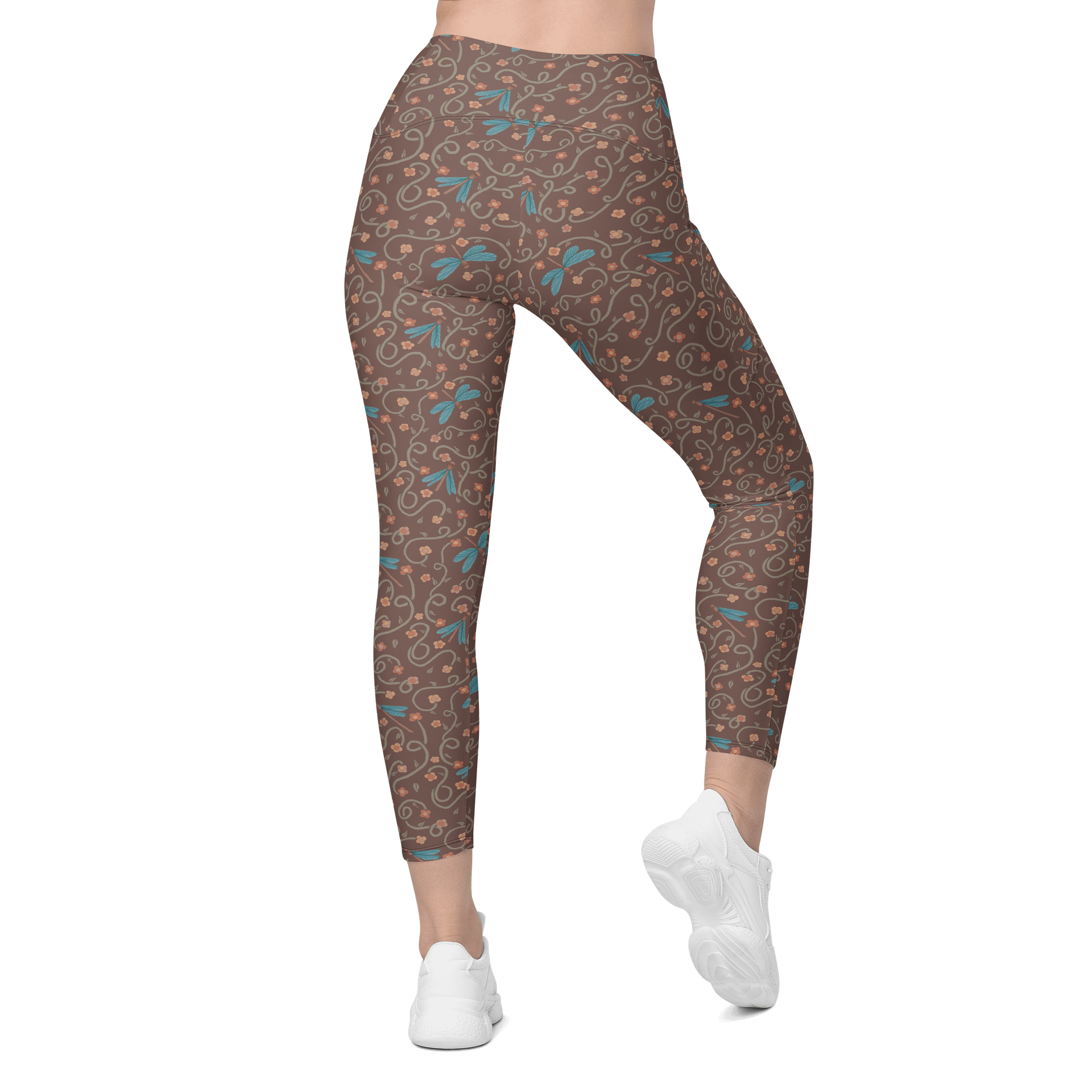 All-Over print leggings with pockets. Dragonfly and floral artistic activewear product image (2)