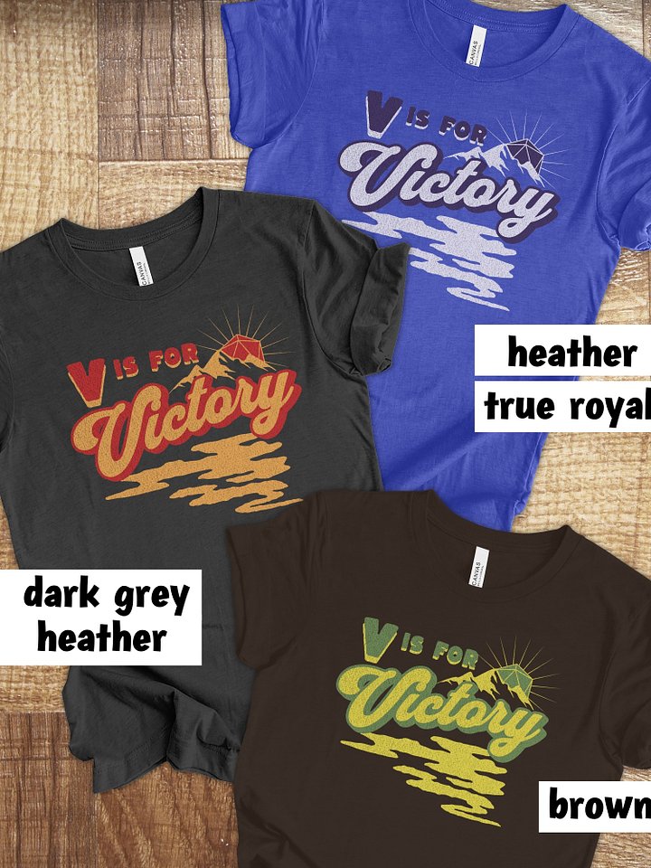 Retro D20 Sunrise Board Game Shirt, V is for Victory T-shirt, on Dark Grey product image (2)