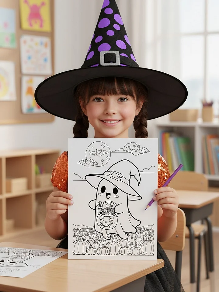 Cute Ghost Halloween Coloring Pages | 5 Printable Spooky Fun Sheets for Kids & Adults | Kawaii Witch Ghost, Pumpkins & Bats | Instant Download PDF product image (1)