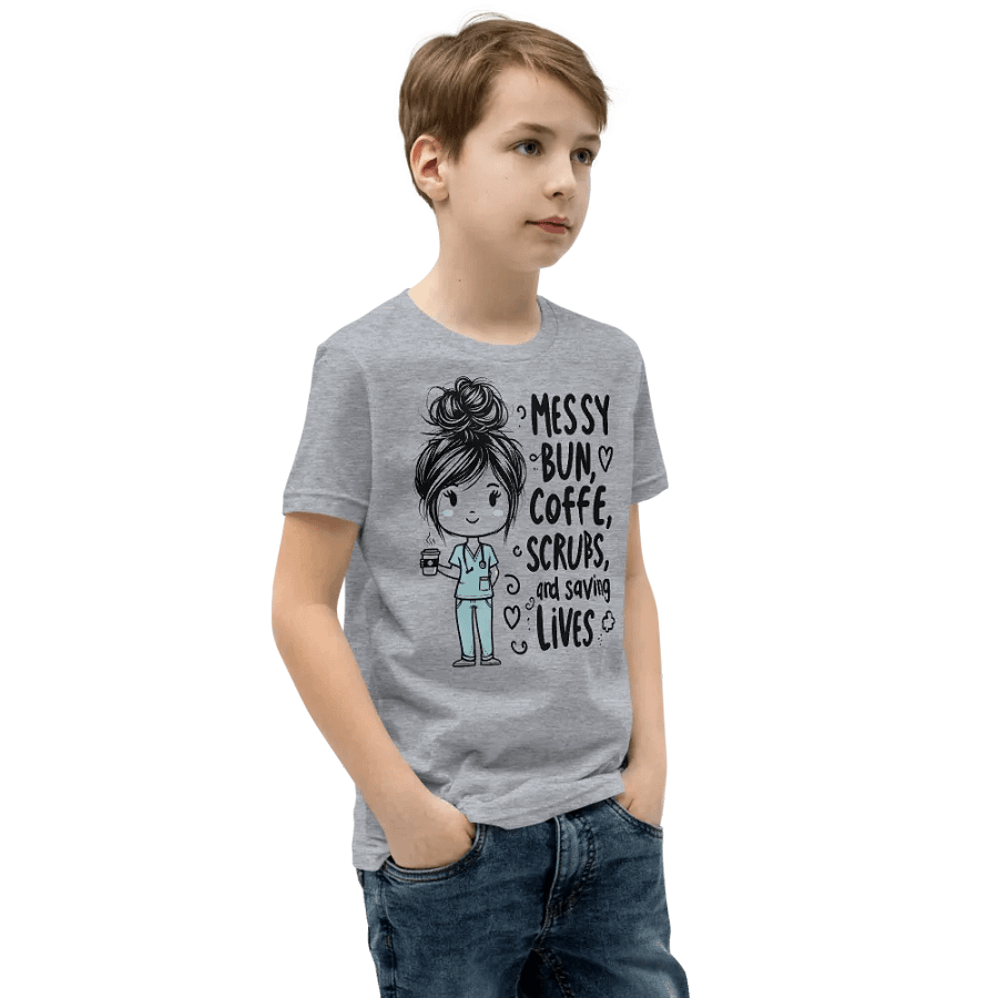 Messy Bun, Coffee, Scrubs, and Saving Lives Youth T-Shirt product image (62)