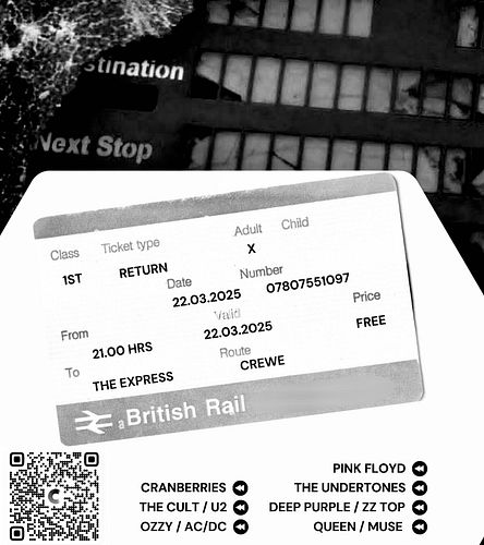Next destination will be Crewe @ The Express. Arriving 21.00 on 22.03.25