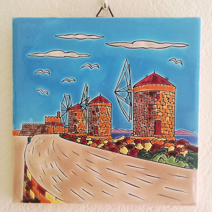Rhodes Windmills Decorative Tile, Vintage Hand Made in Greece Ceramic Art Decor product image (1)