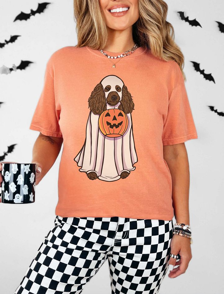 Funny Halloween Poodle(Black) T-Shirt | Funny Papillon Wearing a Ghost Costume and Holding a Pumpkin Basket product image (19)