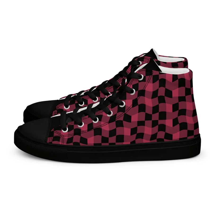 Magenta and Black Warped Checker Men's High Top Canvas Shoes product image (3)