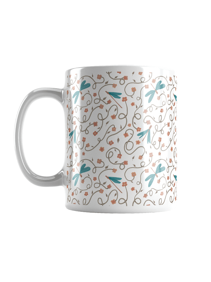 White glossy mug with dragonfly and floral pattern. Artistic nature inspired design product image (1)