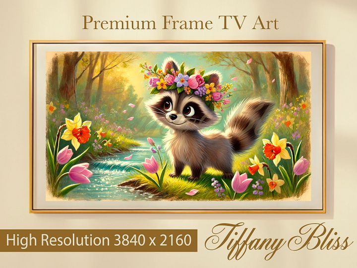 Spring Frame TV Art, Raccoon Floral Wreath Painting, Cute Easter Decor Digital Download product image (1)