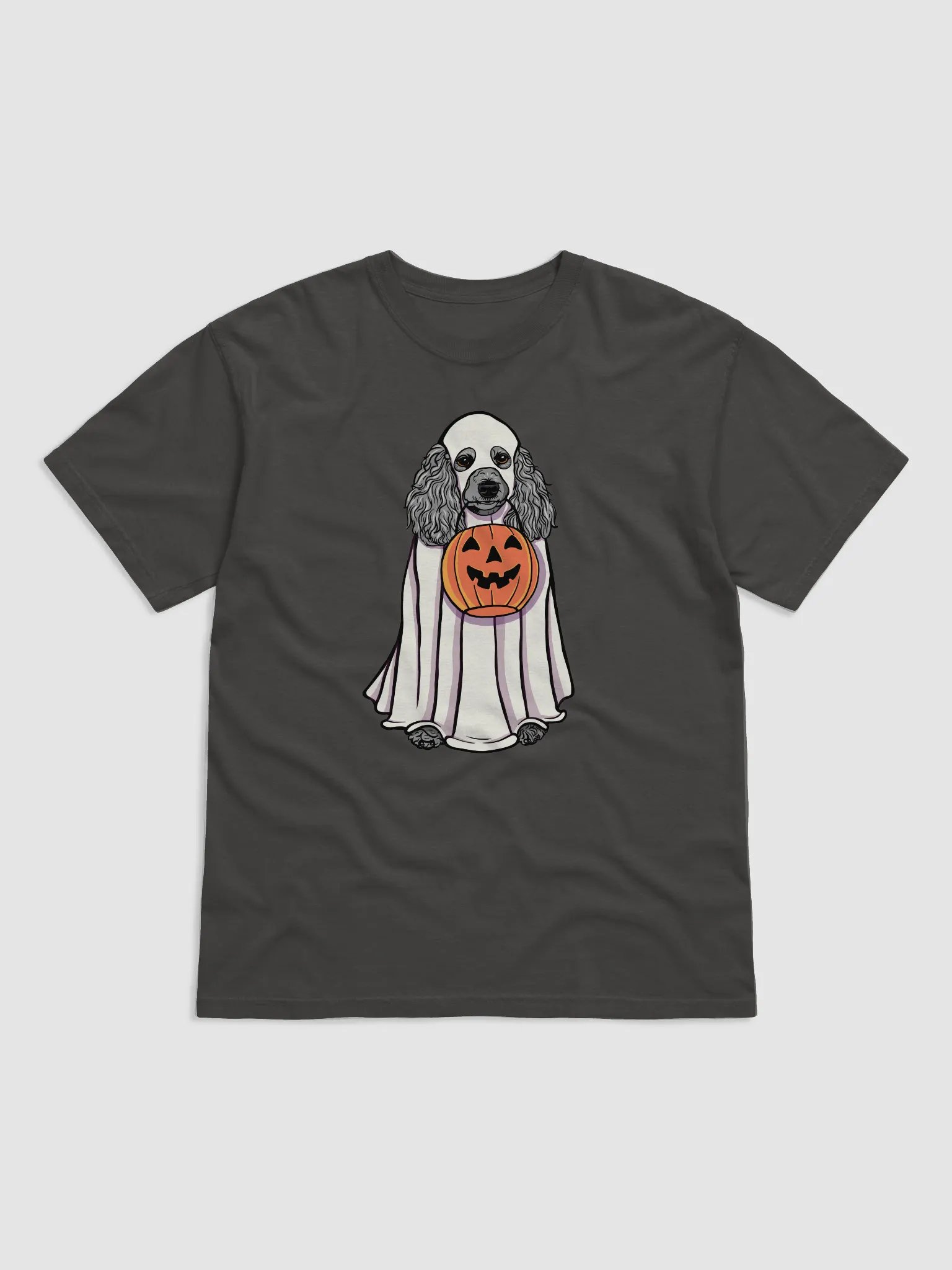 Funny Halloween Poodle(Silver) T-Shirt | Funny Papillon Wearing a Ghost Costume and Holding a Pumpkin Basket product image (17)