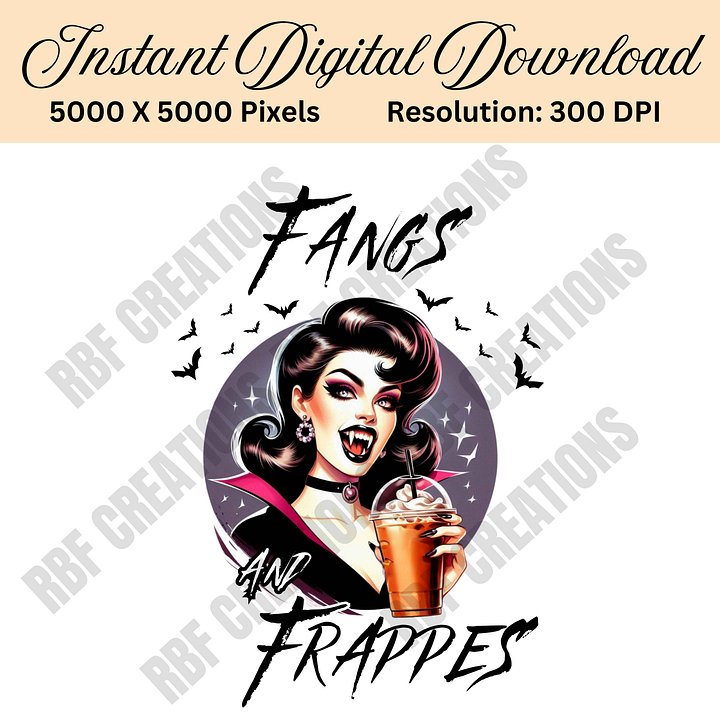 Vampire Girl Halloween Sublimation, Fangs and Frappes PNG, Spooky Coffee Digital Download, Gothic Fall Clipart for Shirts product image (1)