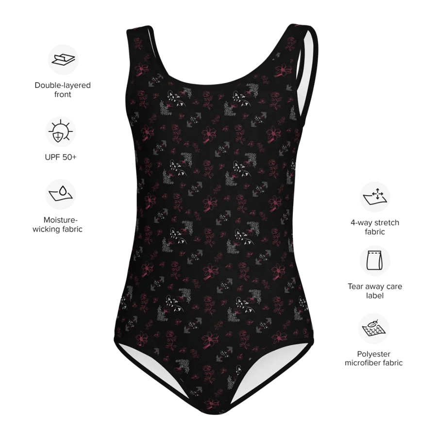 Cute Magenta and White Flowers on Black One-Piece Girls Swimsuit product image (11)