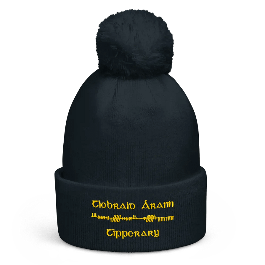 Tipperary/Tiobraid Árann Orthodox style Ogham, navy with gold, embroidered Pom-Pom Beanie product image (1)