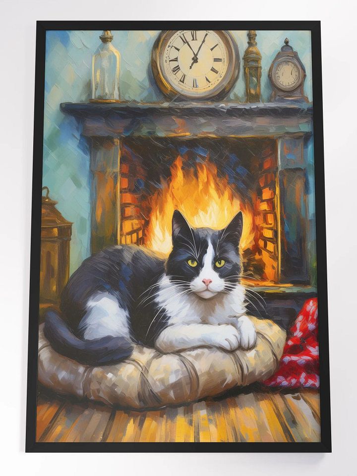Cat by the Fireplace – AI-Generated Digital Art in Oil Painting Style product image (1)