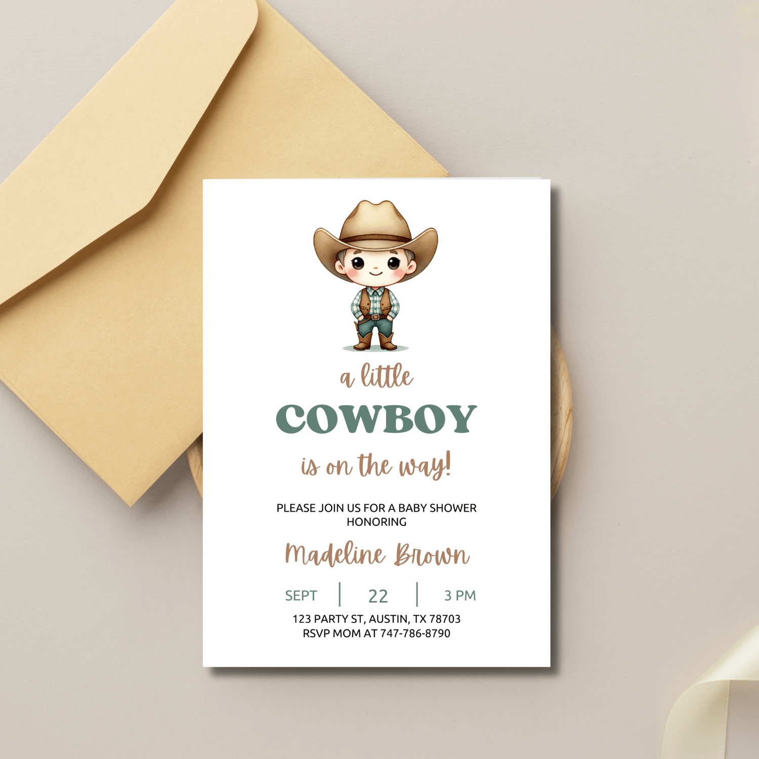 Little Cowboy Baby Shower Invitation Template – Canva Editable Cowboy Baby Invite product image (3)