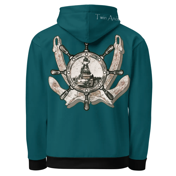 Teal Twin anchor ship wheel & Tug CE Hoodie product image (1)