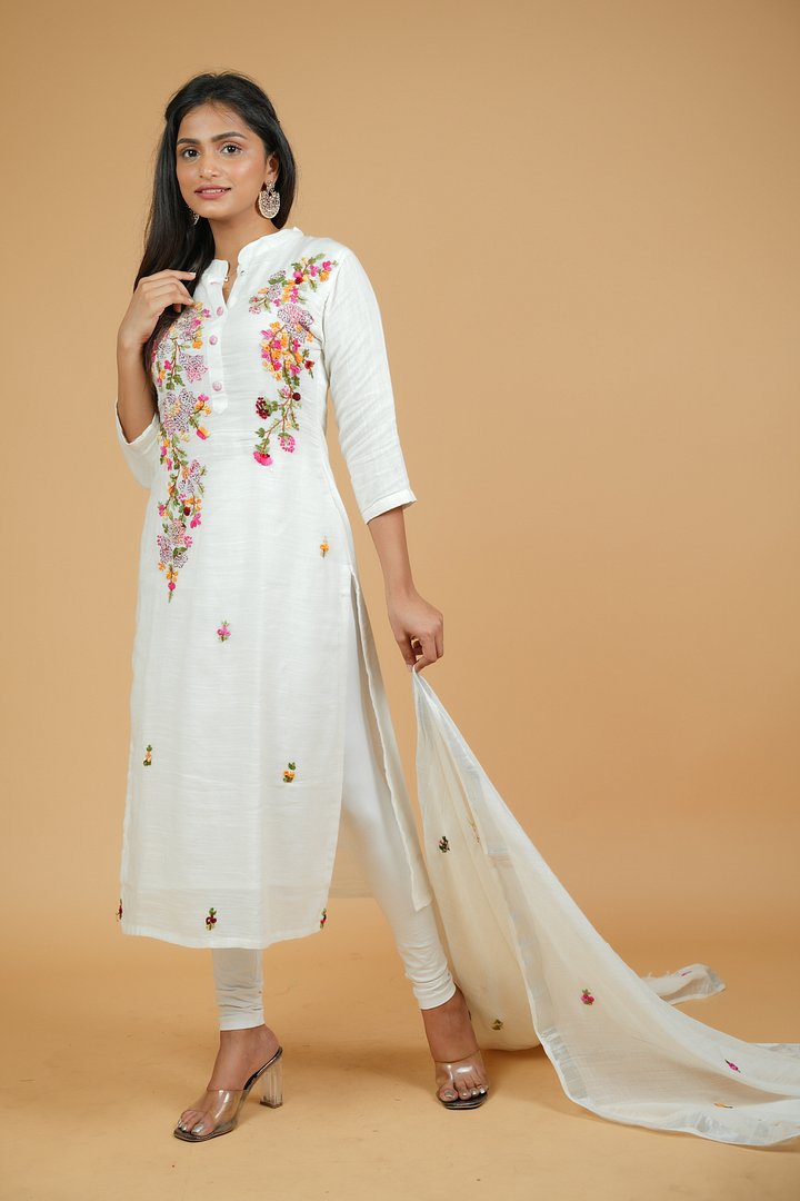 Copy of White Embroidery Linen Cotton Kurta and Dupatta product image (2)