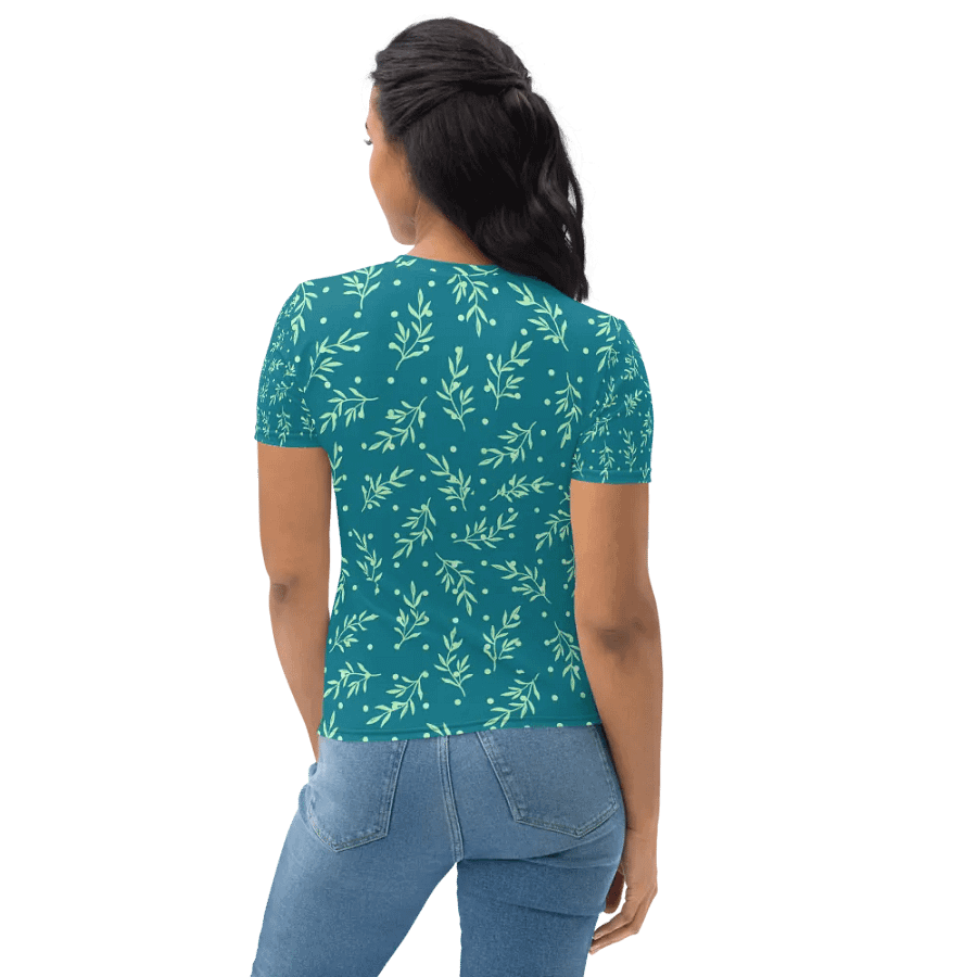 Ladies T shirt all over print teal color  leafy design  giving a fresh healthy feel for outdoor activity or outing. product image (7)