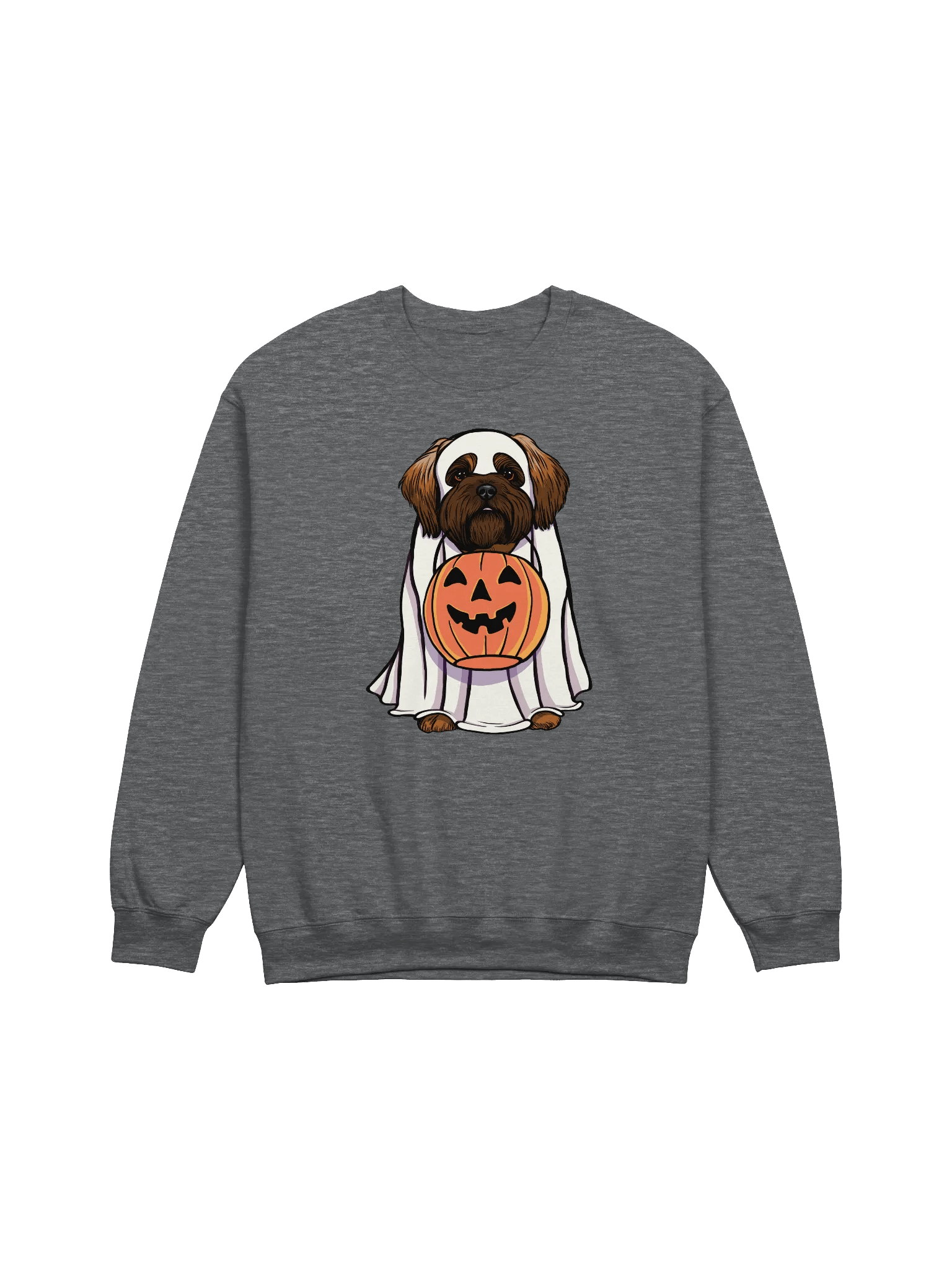 Funny Halloween Shih Tzu(Red Mask) Sweatshirt | Funny Dog Wearing a Ghost Costume and Holding a Pumpkin Basket product image (7)