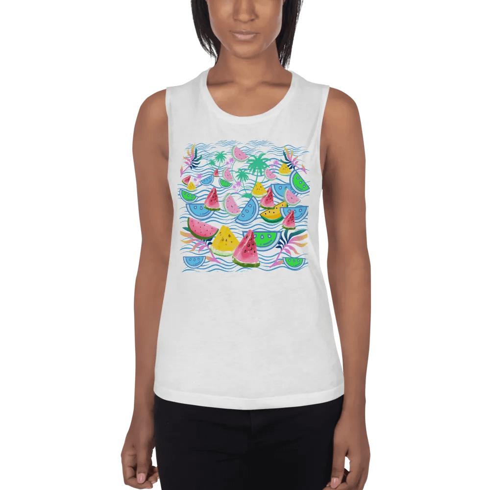 Ladies flowy muscle tank with fun tropical watermelon design for holiday vibe in summery colors product image (1)