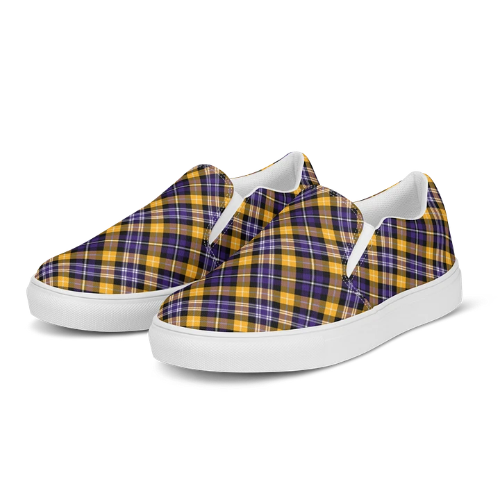 Purple and Yellow Gold Sporty Plaid Men's Slip On Shoes product image (2)