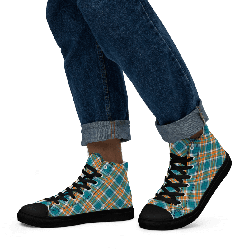 Turquoise and Orange Sporty Plaid Men's High Top Shoes product image (5)