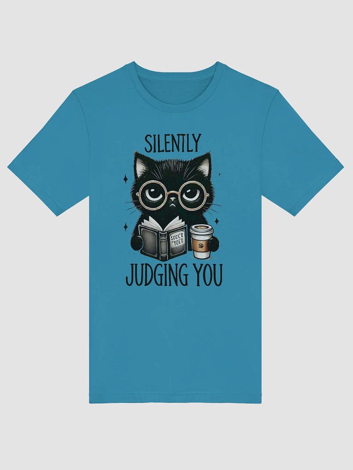 Silently Judging You Cat T-Shirt – Witty Black Cat with Book and Coffee Design product image (5)