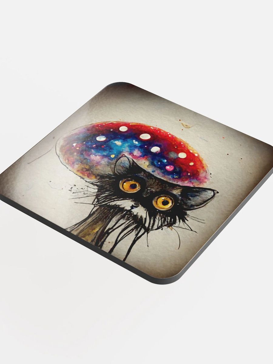 Whimsical Cat and Mushroom Glossed Cork Coaster product image (4)
