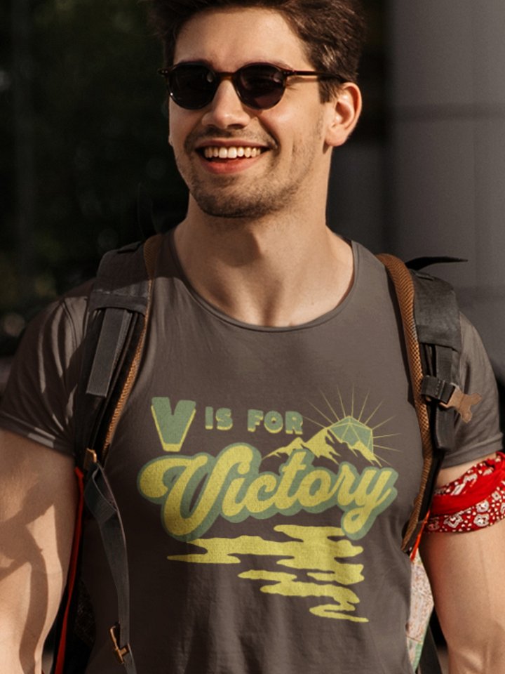 Retro D20 Sunrise Board Game Shirt, V is for Victory T-shirt, on Brown product image (1)
