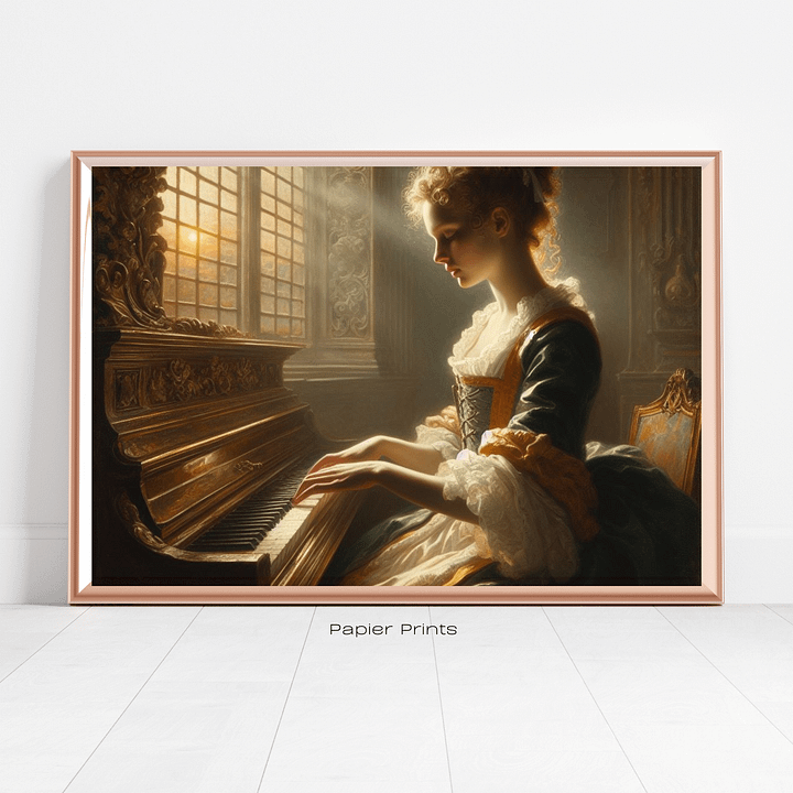 Melodic Grace: Vintage Oil Painting of Young Victorian Woman Playing Piano product image (2)