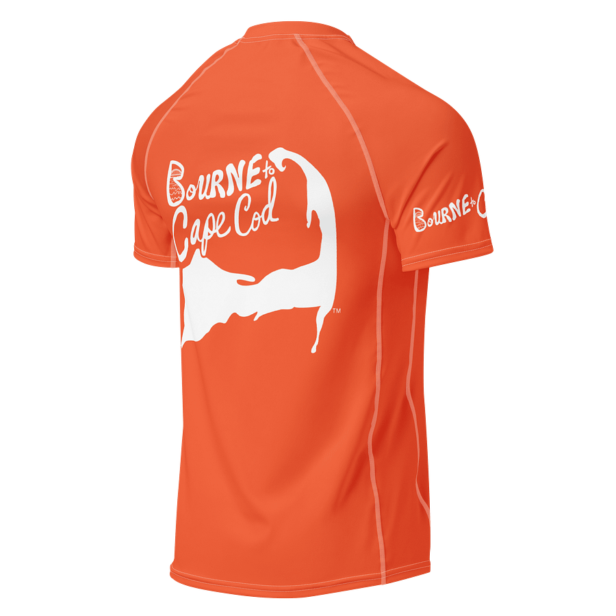 BRN.2C.C.™/BOURNE to Cape Cod™ | Men’s Performance Rash Guard | Recycled UPF 50+ Surf Shirt | White Logos on Outrageously Orange product image (2)