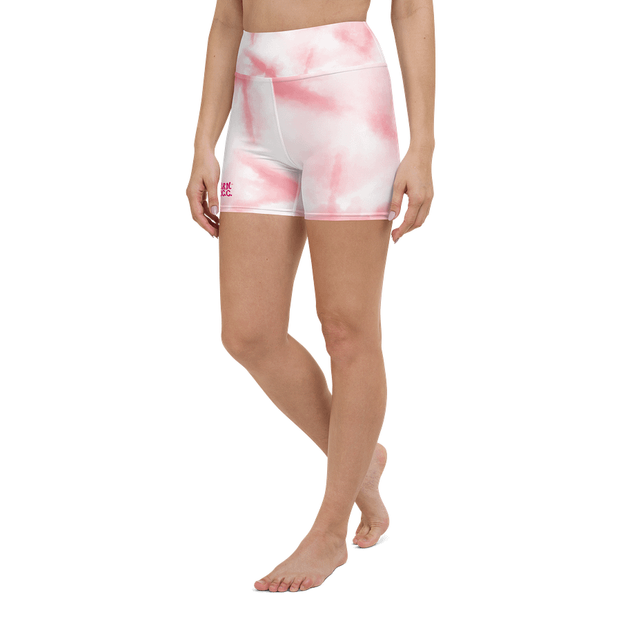 All-Over Print Yoga Shorts | with Inside Pocket | BRN.2C.C.™ | Coastal-Inspired Activewear | Vibrant Pink Logo on Pink Tie-Dye product image (6)