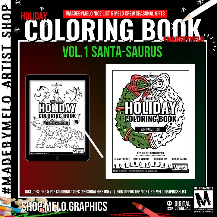 Holiday Coloring Book Vol 1: Santa-Saurus - Printable PDF | #MadeByMELO product image (1)