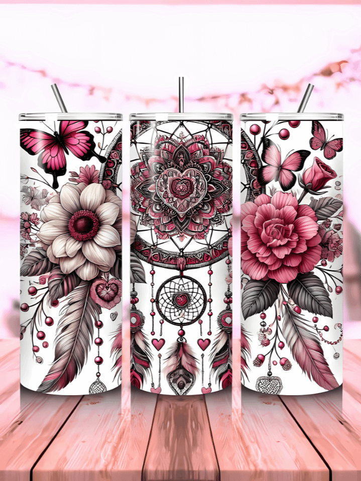 Boho Dreamcatcher & Butterfly Floral Valentine’s Day Tumbler Wrap – 20oz Skinny Sublimation PNG – Mandala Design – 300 DPI Digital Download product image (1)