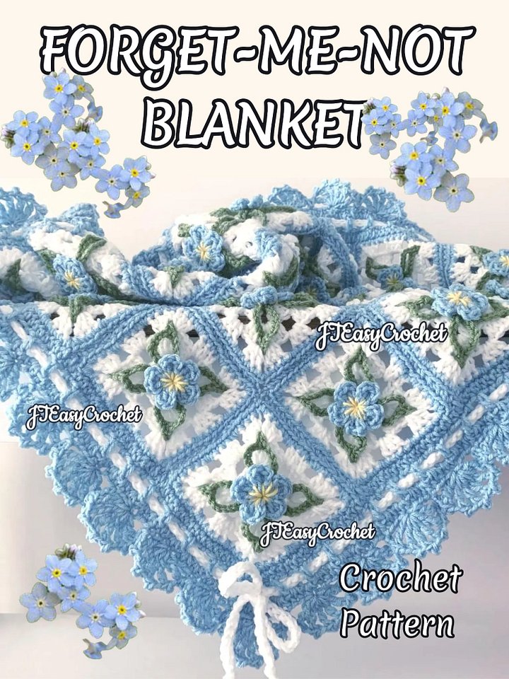 Forget-Me-Nots Crochet Flower Granny Square Baby Blanket, PDF Instant Download Crochet Pattern product image (2)