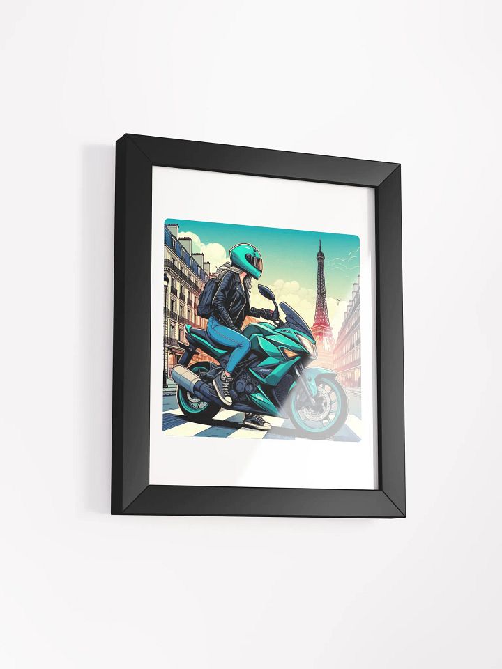 Vibrant Ayous Wood Framed Matte Poster | Biker women in Paris city France AIwork product image (2)