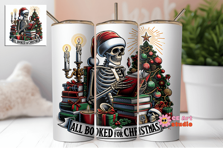 All Booked For Christmas Funny Skeleton Tumbler Wrap PNG product image (1)