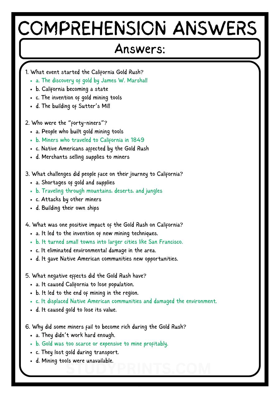 California Gold Rush 1849 Reading Comprehension Worksheet WITH 6 QUESTIONS PDF product image (4)