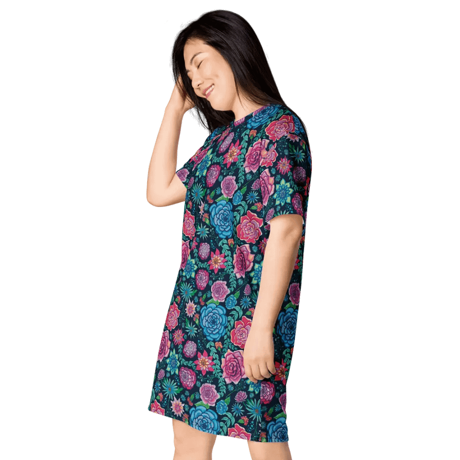 Pink and Blue Bold Coastal Blooms on Dark Blue | T-Shirt Dress | Oversized Dress | Ocean-Inspired Casual Style | Ce Soir Background product image (3)