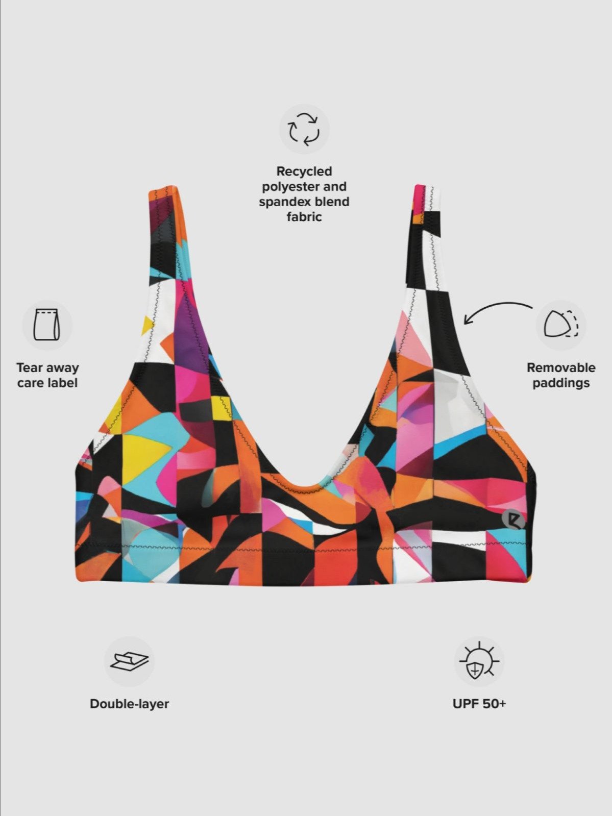 Padded Bikini Top "Colorful Modern Abstract Checkered Art Printed" product image (8)