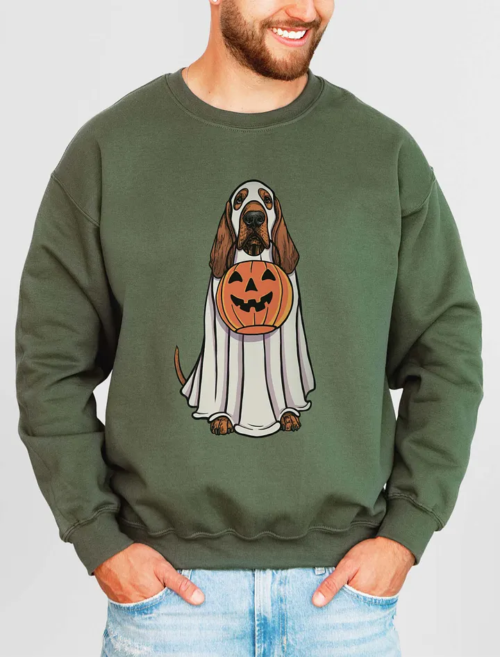 Funny Halloween Bloodhound(Red) Sweatshirt | Funny Bloodhound Wearing a Ghost Costume and Holding a Pumpkin Basket product image (15)