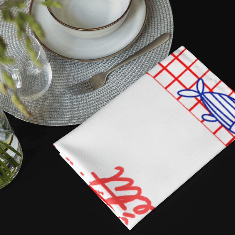 Bon Appétit Cloth Napkin Set | 4-Pack 20"x20" Soft Broadcloth Napkins | French Bistro Fish Design | Red and Blue Table Decor product image (3)
