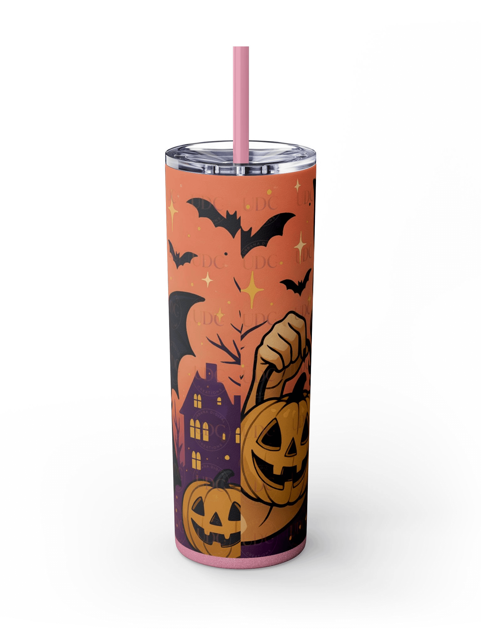 Bat-Eared Gothic Witch Halloween Tumbler Wrap PNG – Black Dress, Pumpkin, Haunted House & Sunset Bats for 20oz Skinny Tumblers product image (2)