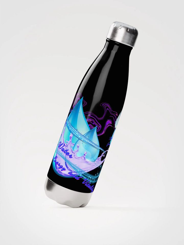 Stainless Steatl water bottle with beautiful swirly blue water drops  featuring ' This water gives energy and vitality